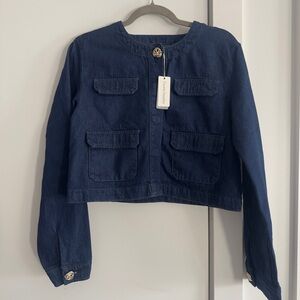 NWT Favorite Daughter Dark Blue Cropped Denim Jacket with Gold Buttons
